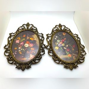 Vintage ITALY Pot Metal Picture Frame Ornate w/ Flowers set of 2